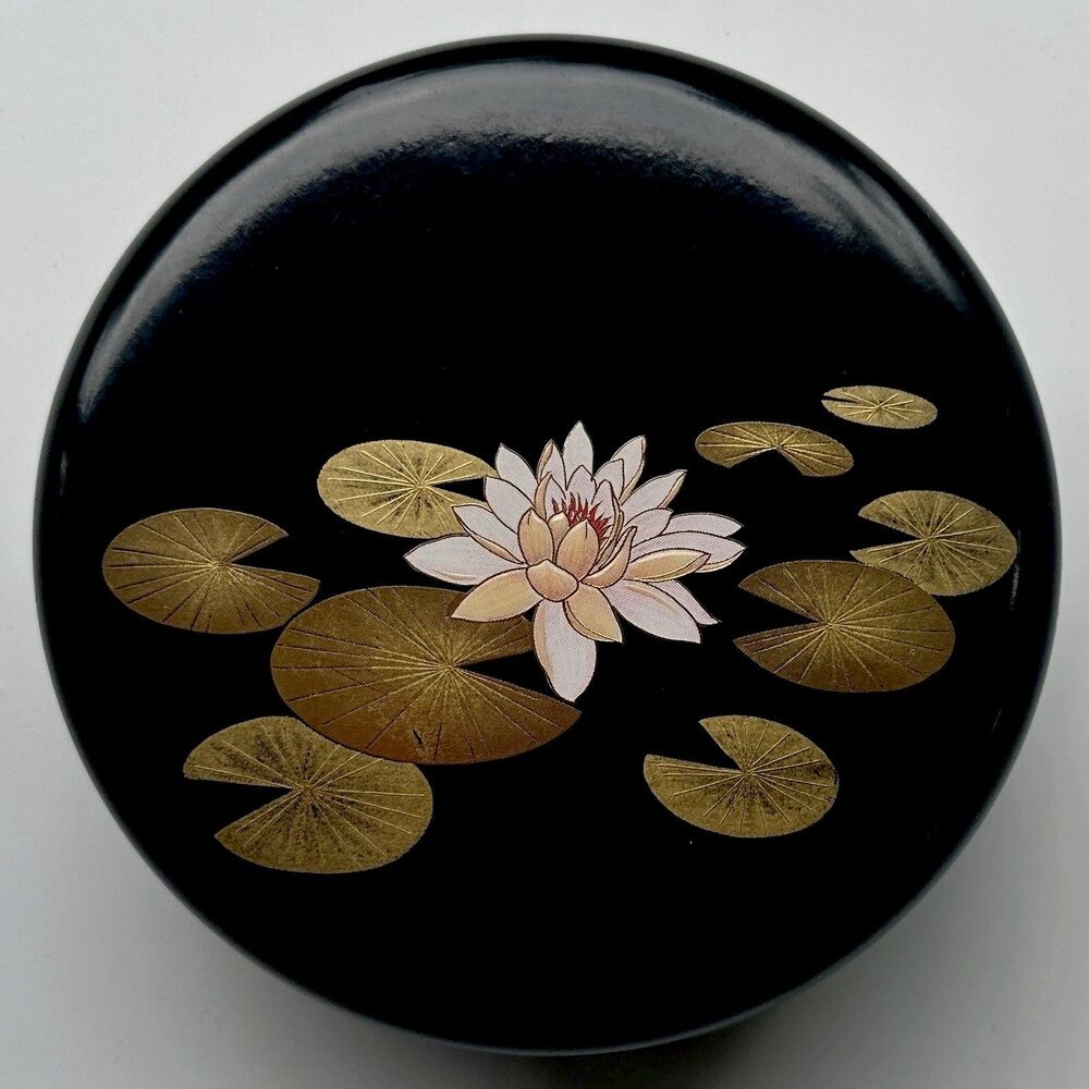Vintage Otagiri Japan Lotus Trinket Box Black Lacquerware Coquette Decor